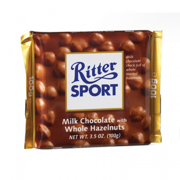 Ritter Sport Milk Chocolate with Wholenut Hazelnuts  HEAT SENSITIVE ITEM. PLEASE ADD ITEM 122942 TO THE ORDER TO TRY TO PROTECT CHOCOLATES FROM HEAT DAMAGE. 100g