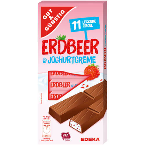 Gut and Gunstig Milk Chocolate with Stawberry Yogurt Filling (11-Pack)  HEAT SENSITIVE ITEM. PLEASE ADD ITEM 122942 TO THE ORDER TO TRY TO PROTECT CHOCOLATES FROM HEAT DAMAGE. 200g