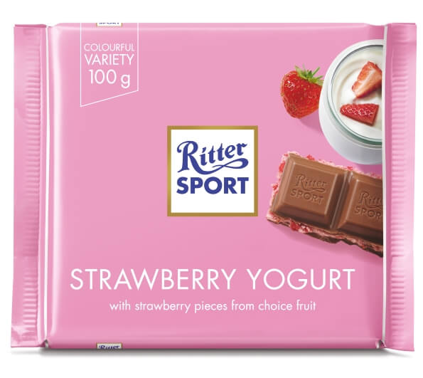 Ritter Sport Milk Chocolate with Strawberry Creme  HEAT SENSITIVE ITEM. PLEASE ADD ITEM 122942 TO THE ORDER TO TRY TO PROTECT CHOCOLATES FROM HEAT DAMAGE. 100g