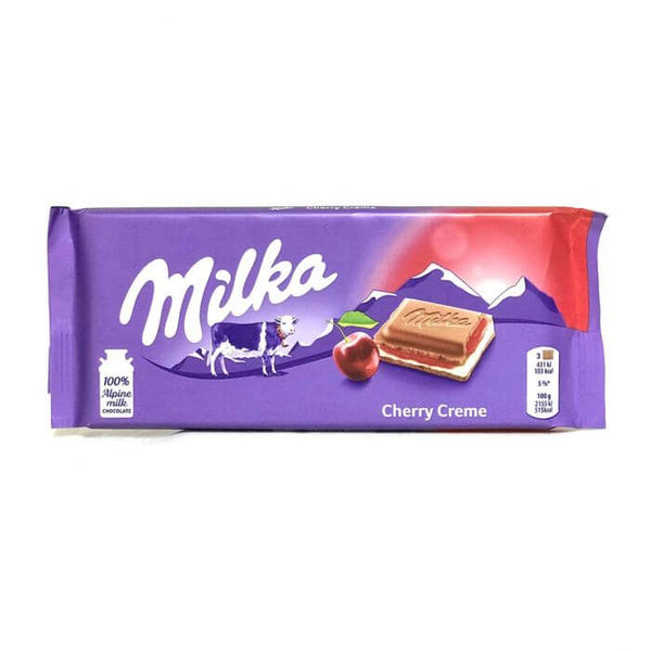 Milka Cherry Cream Milk Chocolate Bar  HEAT SENSITIVE ITEM. PLEASE ADD ITEM 122942 TO THE ORDER TO TRY TO PROTECT CHOCOLATES FROM HEAT DAMAGE. 100g