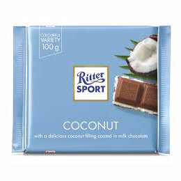 Ritter Sport Milk Chocolate with Coconut  HEAT SENSITIVE ITEM. PLEASE ADD ITEM 122942 TO THE ORDER TO TRY TO PROTECT CHOCOLATES FROM HEAT DAMAGE. 100g