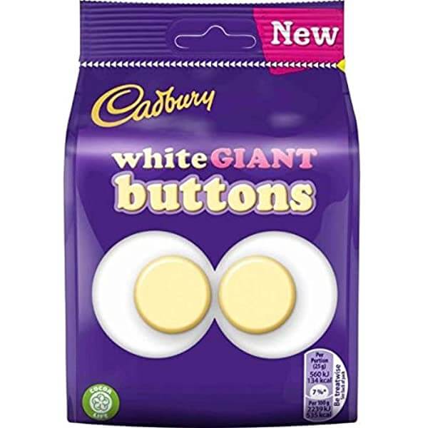 Cadbury Buttons White Chocolate Giant Buttons Bag (HEAT SENSITIVE ITEM - PLEASE ADD A THERMAL BOX TO YOUR ORDER TO PROTECT YOUR ITEMS 95g