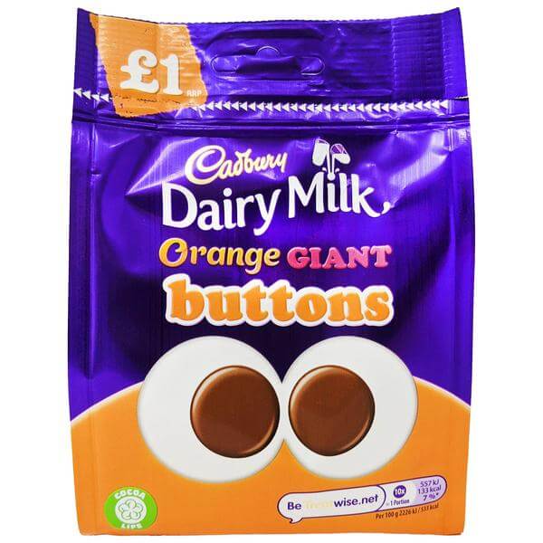Cadbury Dairy Milk Orange Giant Buttons  HEAT SENSITIVE ITEM. PLEASE ADD ITEM 122942 TO THE ORDER TO TRY TO PROTECT CHOCOLATES FROM HEAT DAMAGE. 85g