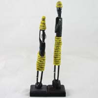 African Hut Wooden Statue Pair Small with Yellow Beading (Approx. 9 Inches) 166g