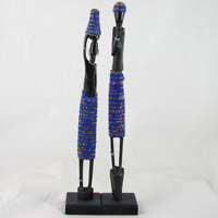 African Hut Wooden Statue Pair Medium with Dark Blue Beading (Approx. 13 Inches) 166g
