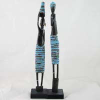 African Hut Wooden Statue Pair Medium with Light Blue Beading (Approx. 13 Inches) 166g