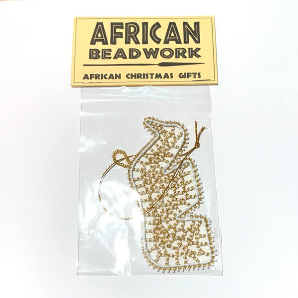 African Hut Beaded Gold and White Rhino Ornament 13g